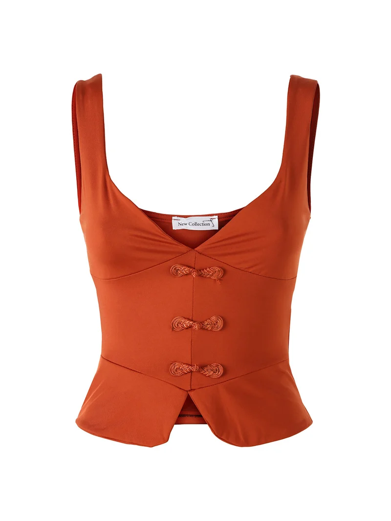 Top donna cropped con scollo a cuore e ricami - arancione