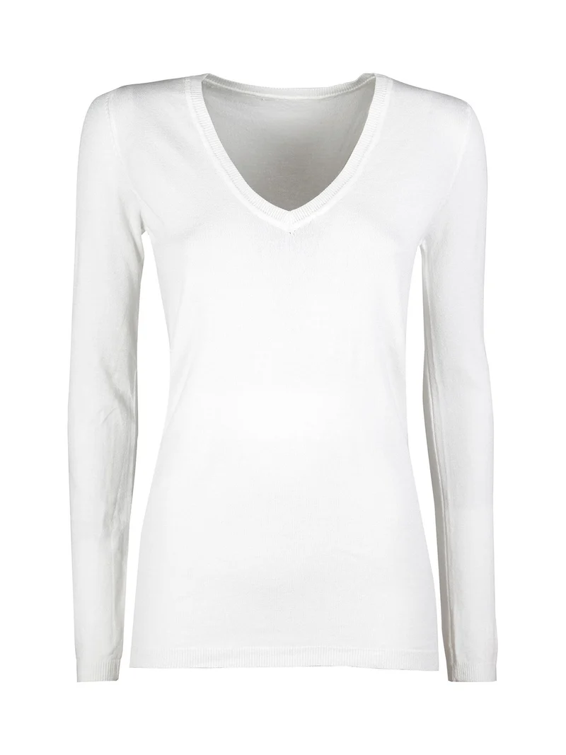 Pullover donna in maglia scollo V - bianco