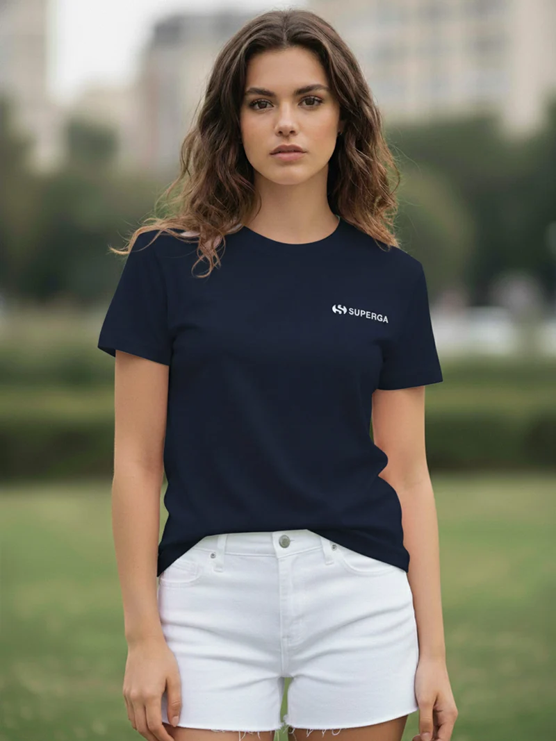 T-shirt girocollo da donna in cotone con logo - blu scuro