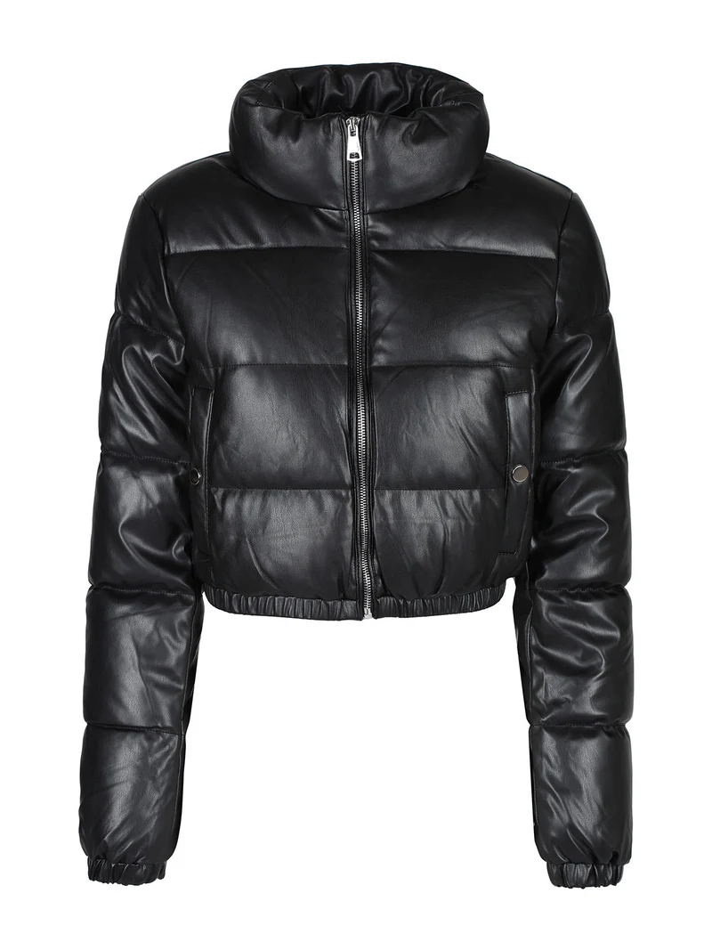 Piumino puffer cropped da donna in ecopelle - nero
