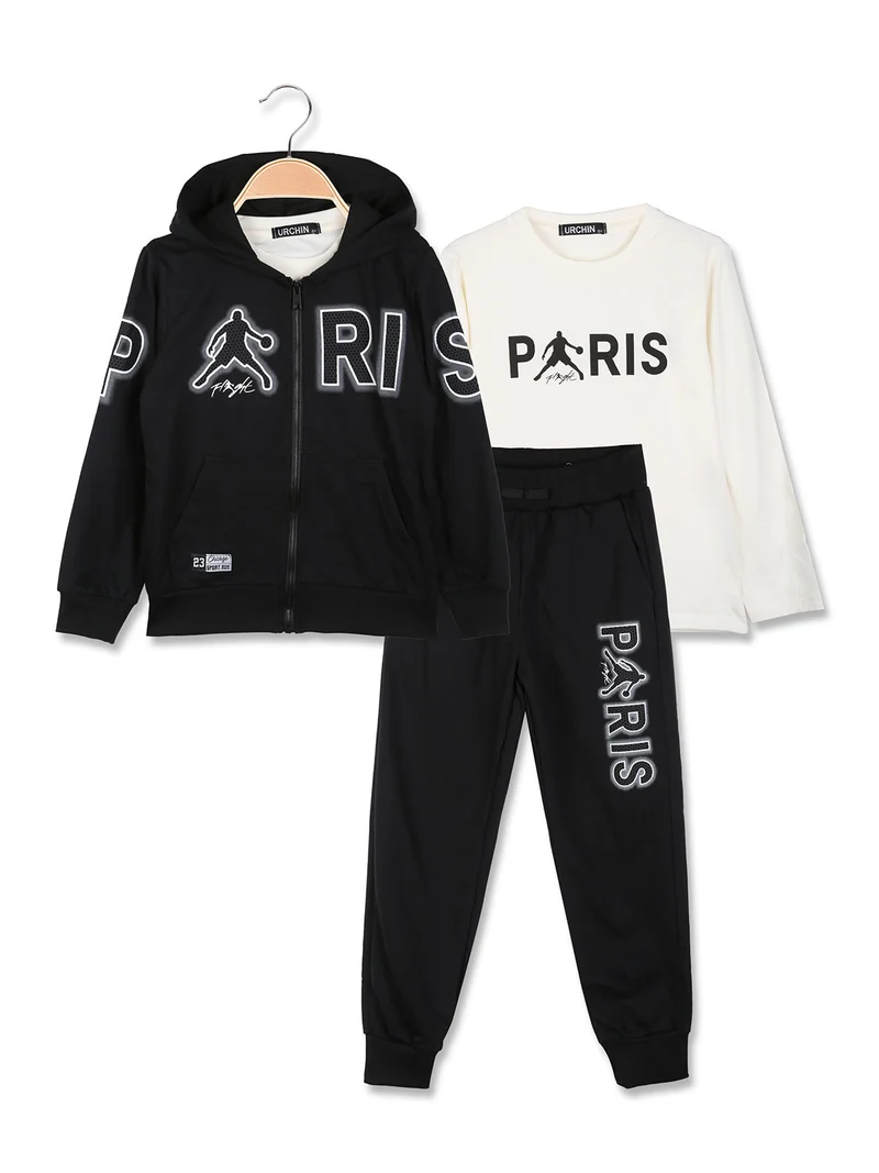 Completo tuta 3 pezzi da bambino con cappuccio e zip - nero