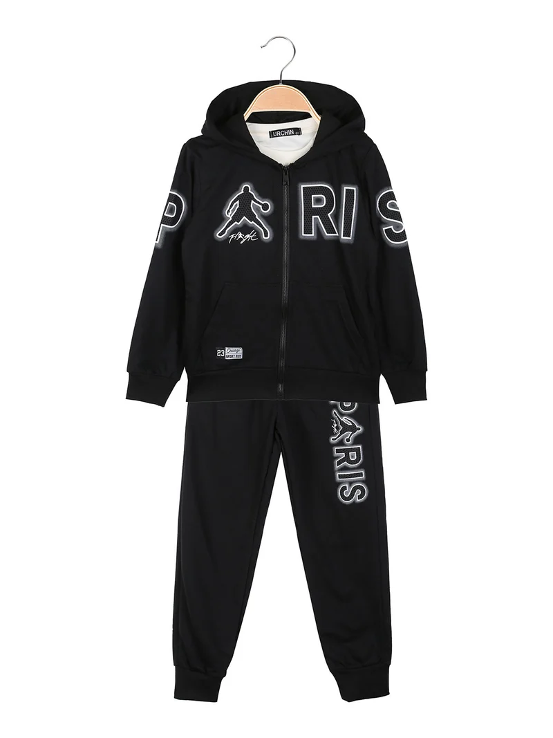 Completo tuta 3 pezzi da bambino con cappuccio e zip - nero