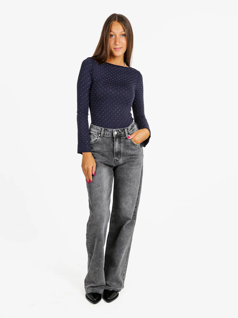 Maglia donna a maniche lunghe con borchie - blu scuro