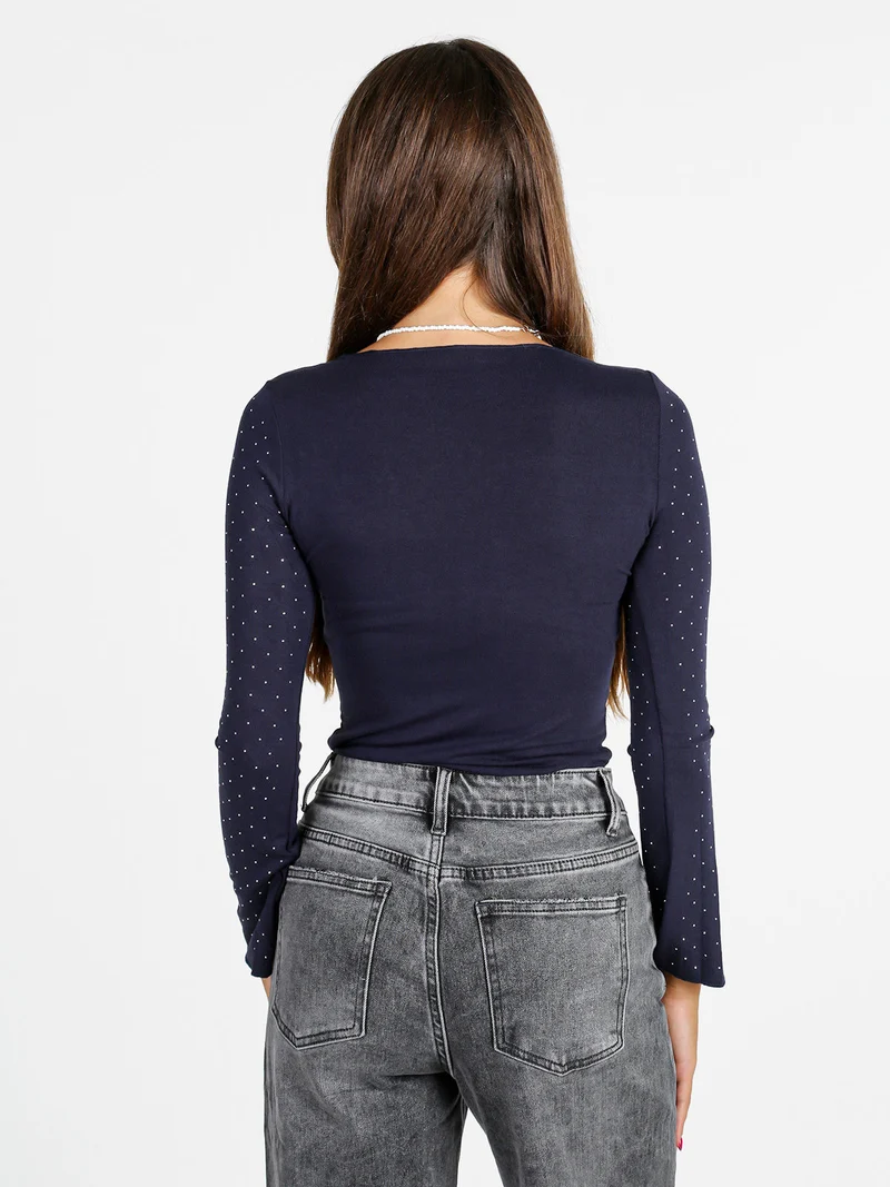 Maglia donna a maniche lunghe con borchie - blu scuro