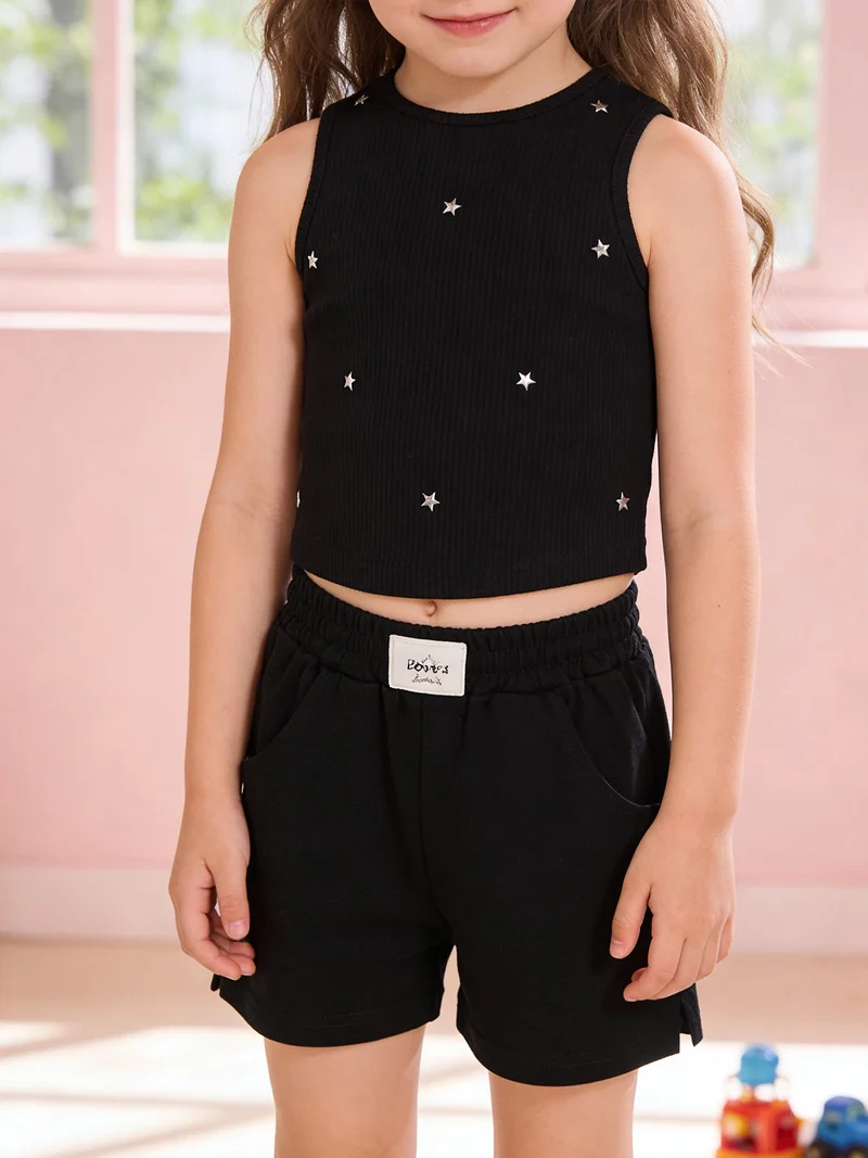 Completo corto da ragazza con top a costine e shorts - nero