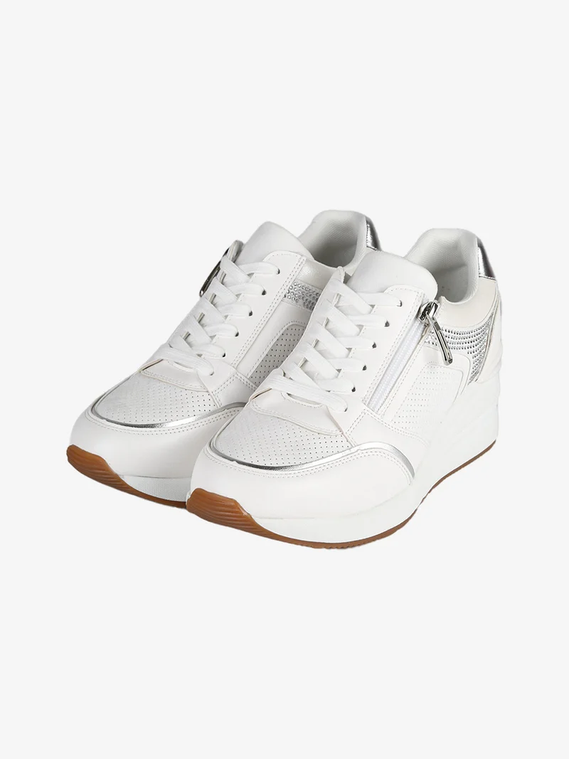 Sneakers donna casual con strass e zeppa - bianco