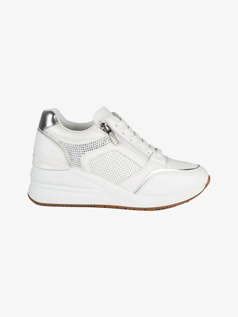Sneakers donna casual con strass e zeppa - bianco