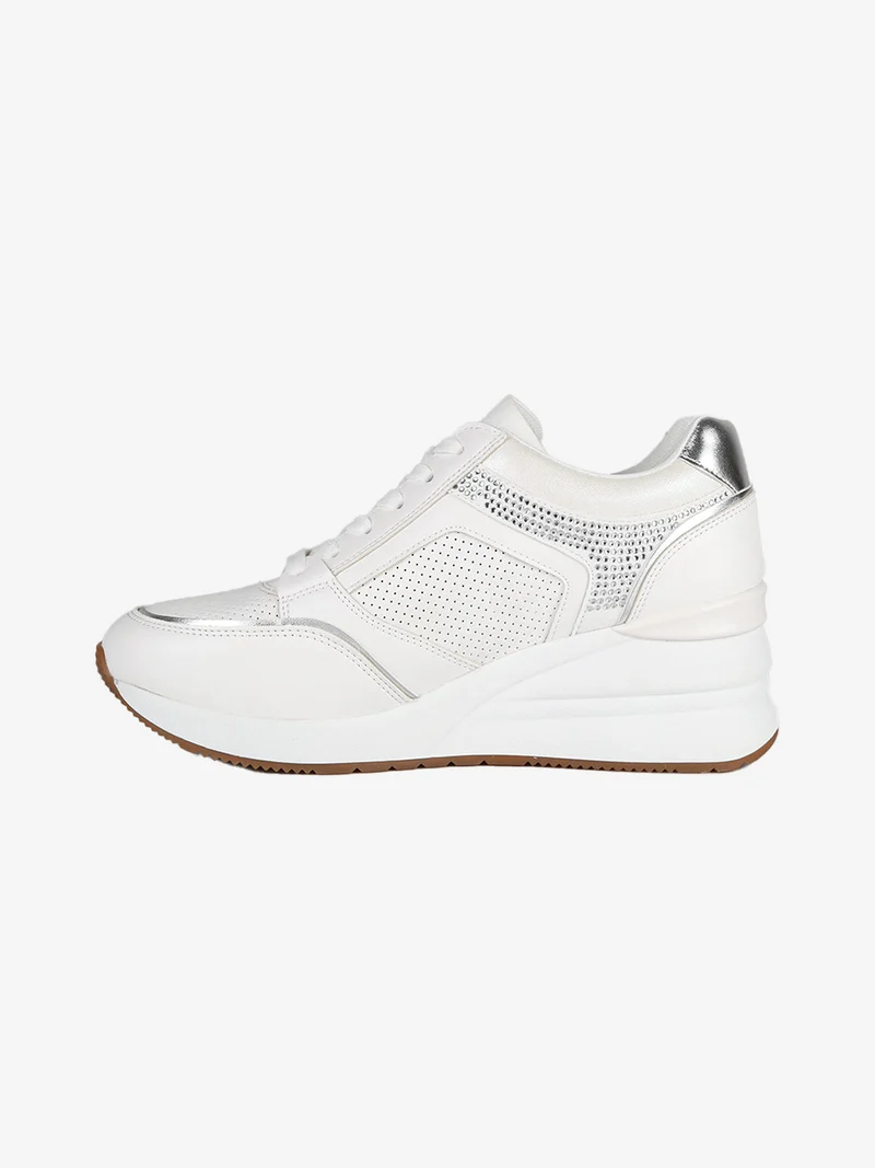 Sneakers donna casual con strass e zeppa - bianco
