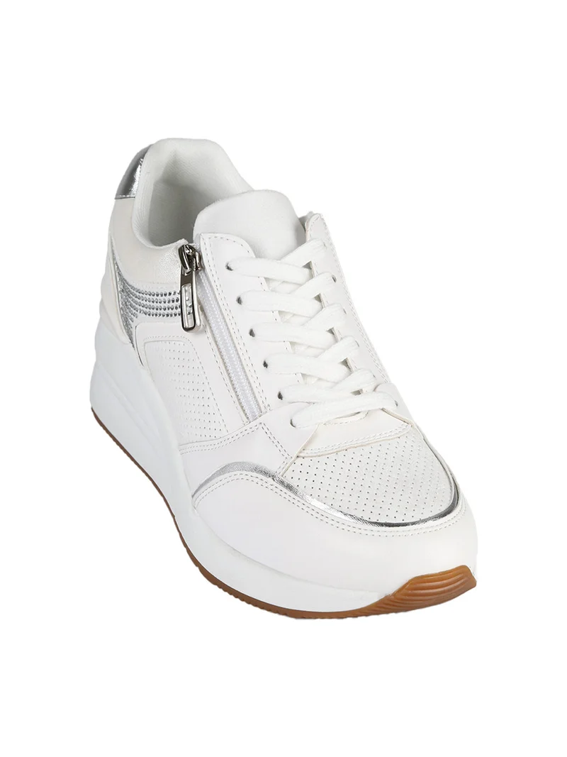 Sneakers donna casual con strass e zeppa - bianco