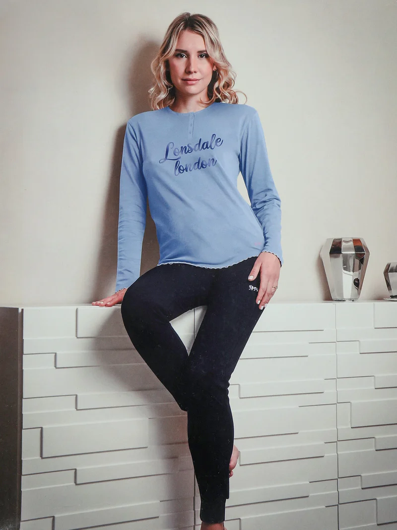 Pigiama lungo da donna in misto cotone - azzurro