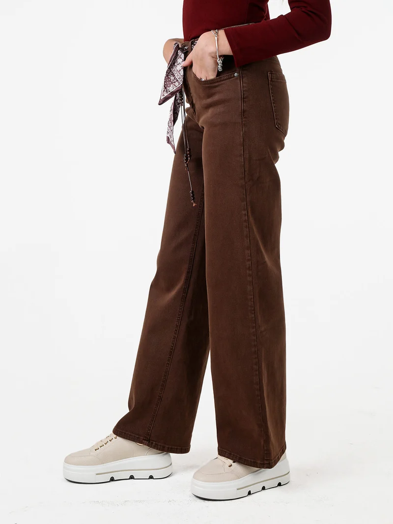 Pantaloni donna jeans wide leg con foulard in vita - marrone