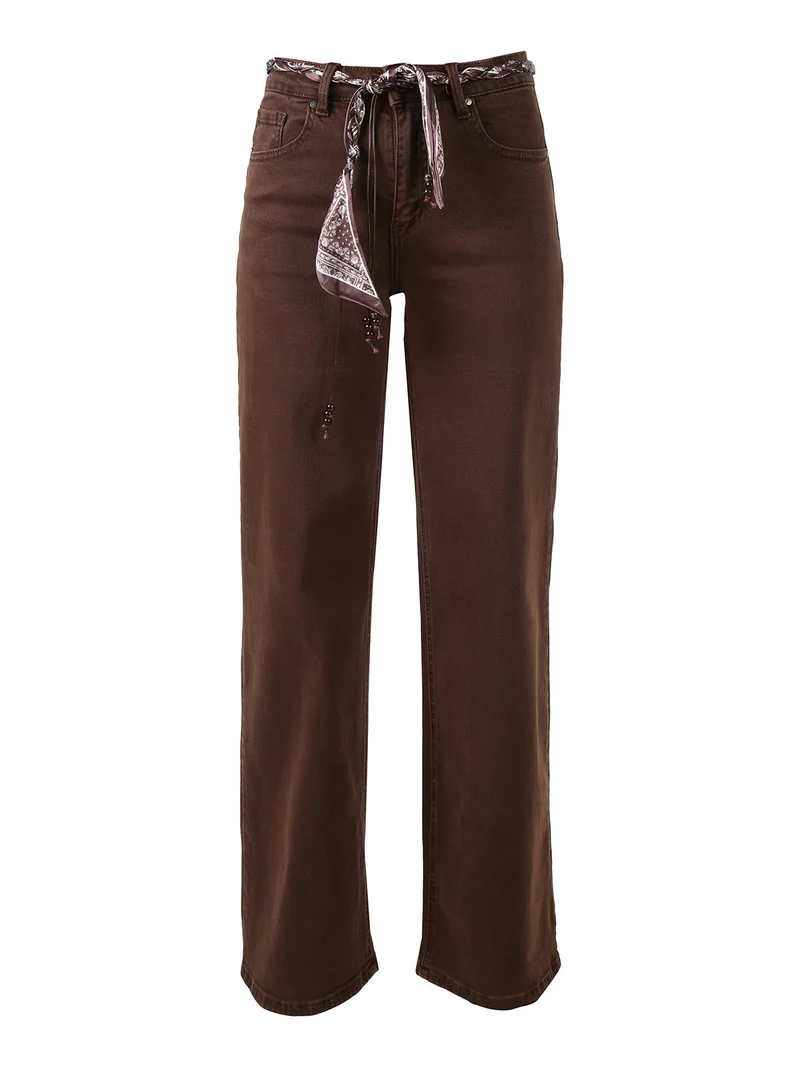 Pantaloni donna jeans wide leg con foulard in vita - marrone