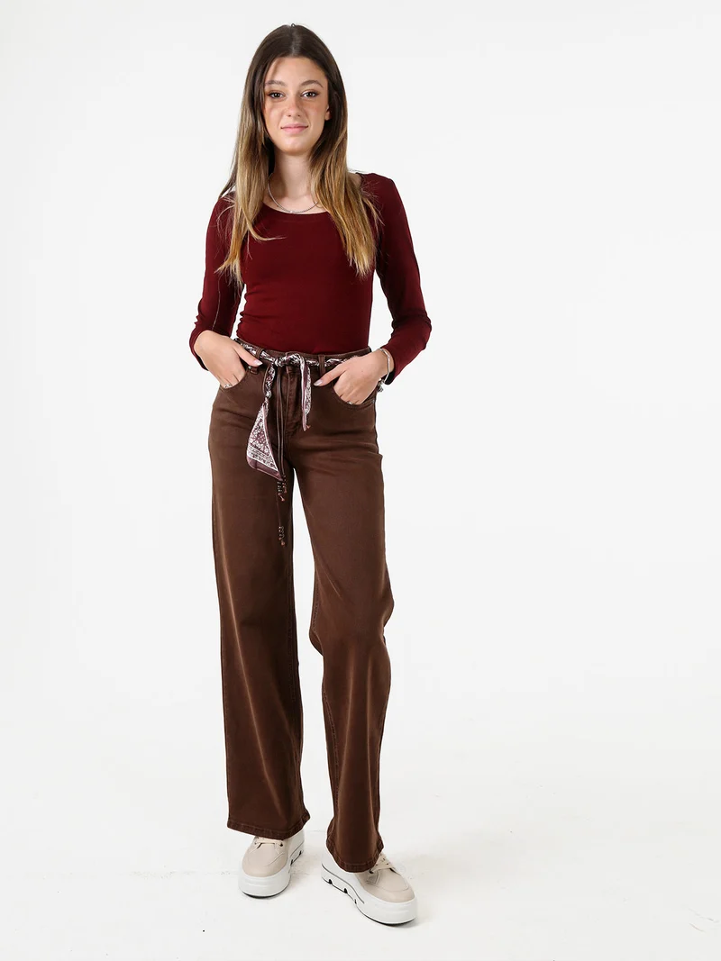 Pantaloni donna jeans wide leg con foulard in vita - marrone