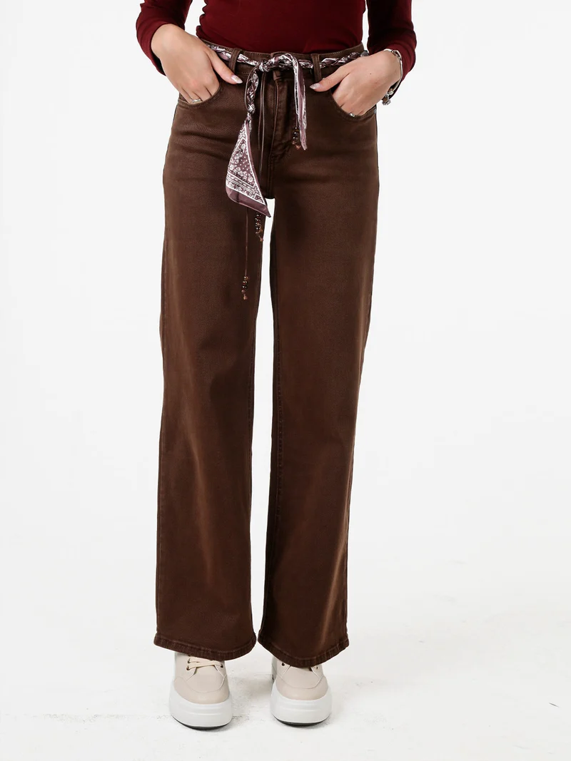 Pantaloni donna jeans wide leg con foulard in vita - marrone