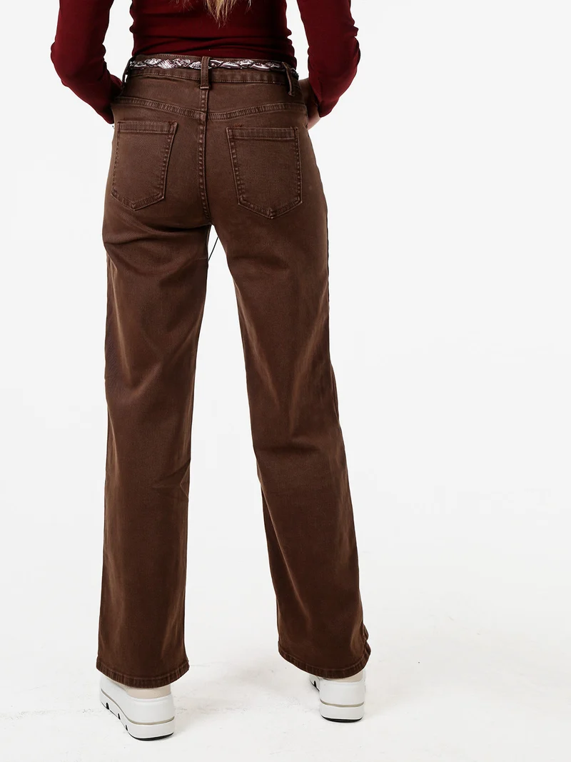 Pantaloni donna jeans wide leg con foulard in vita - marrone