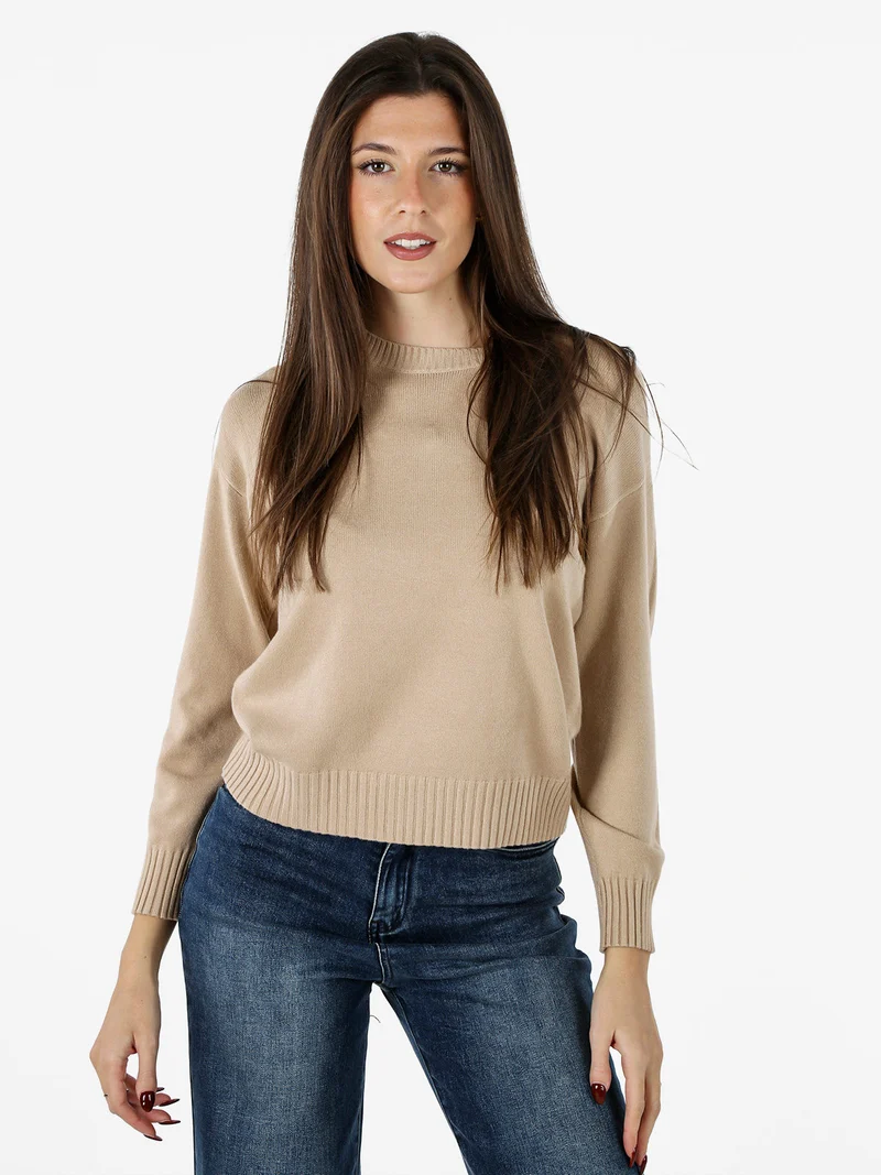 Pullover girocollo da donna in maglia tinta unita - beige
