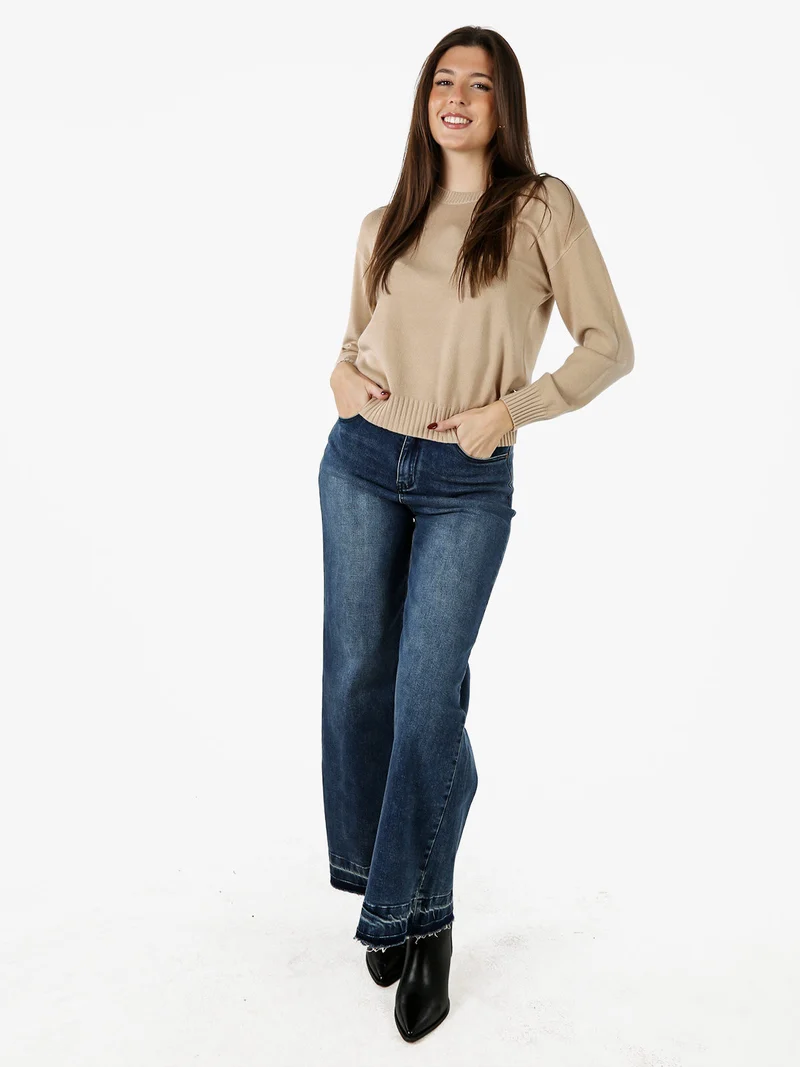 Pullover girocollo da donna in maglia tinta unita - beige