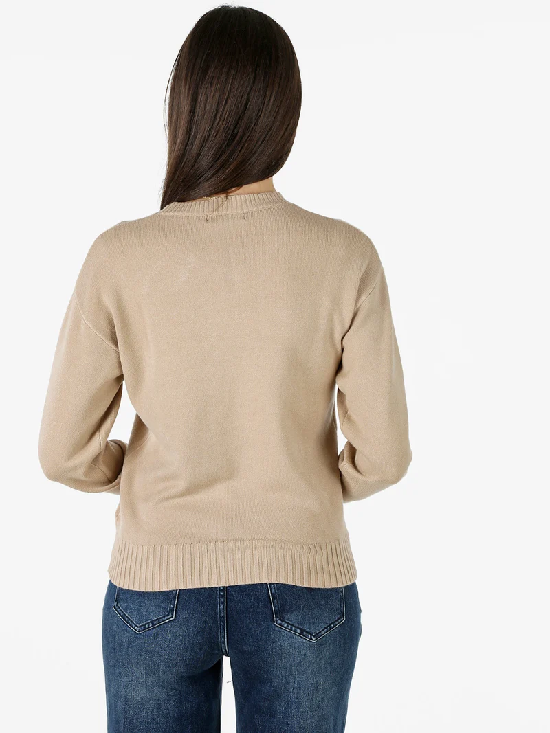 Pullover girocollo da donna in maglia tinta unita - beige