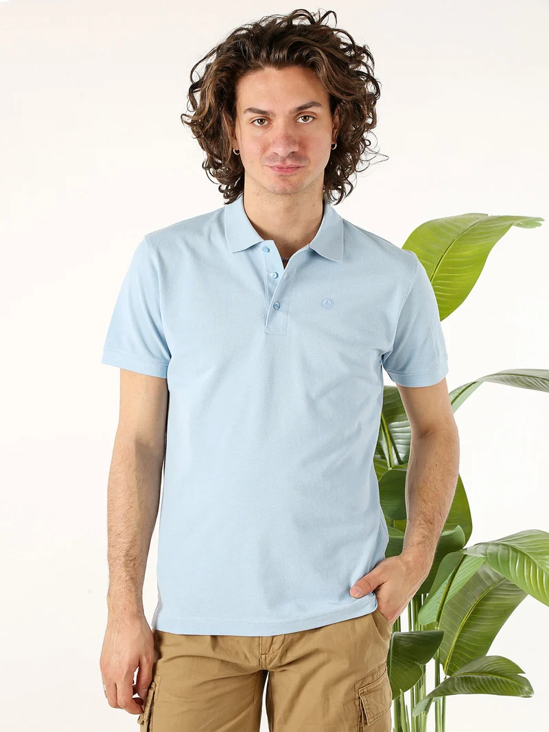 Polo da uomo in cotone a maniche corte - azzurro