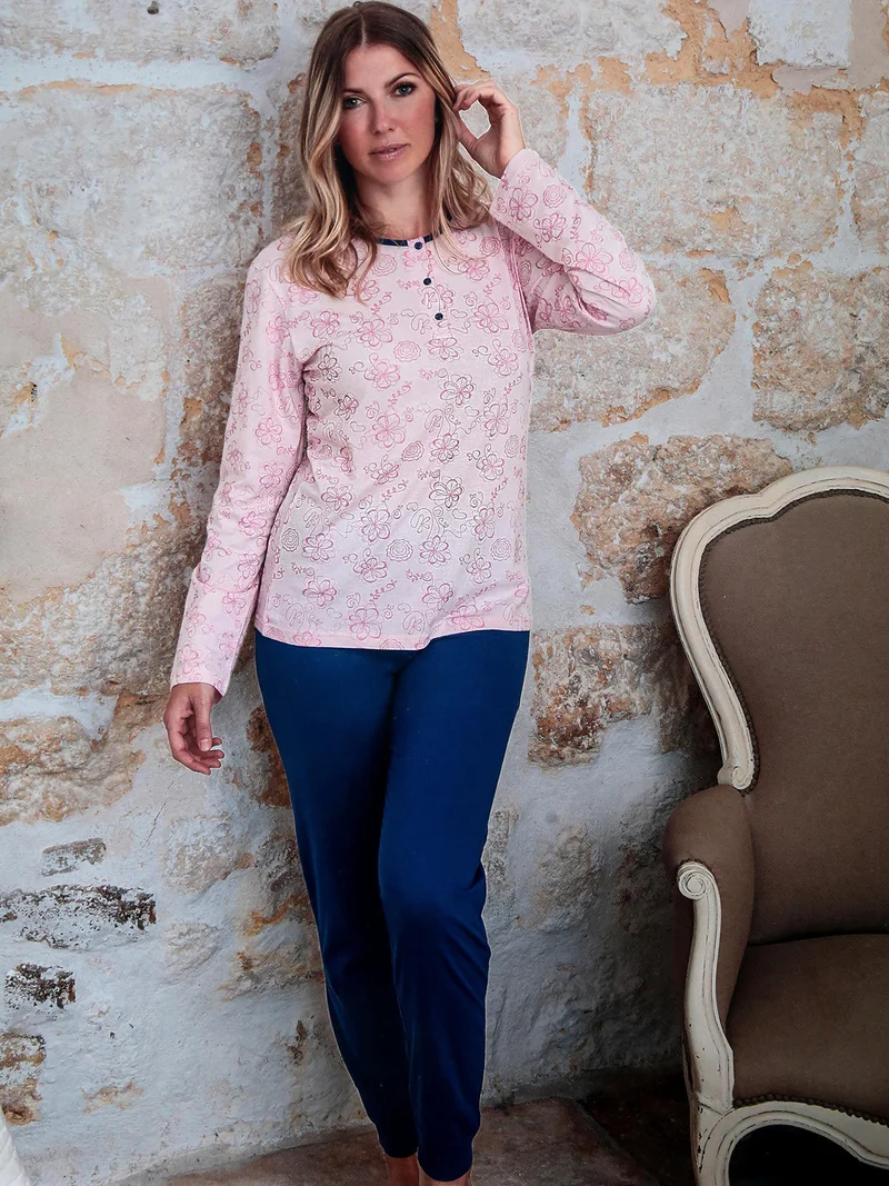Pigiama lungo da donna in cotone - rosa