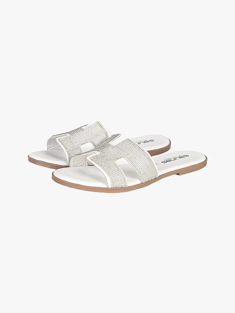 Ciabatte donna in pelle con strass - bianco