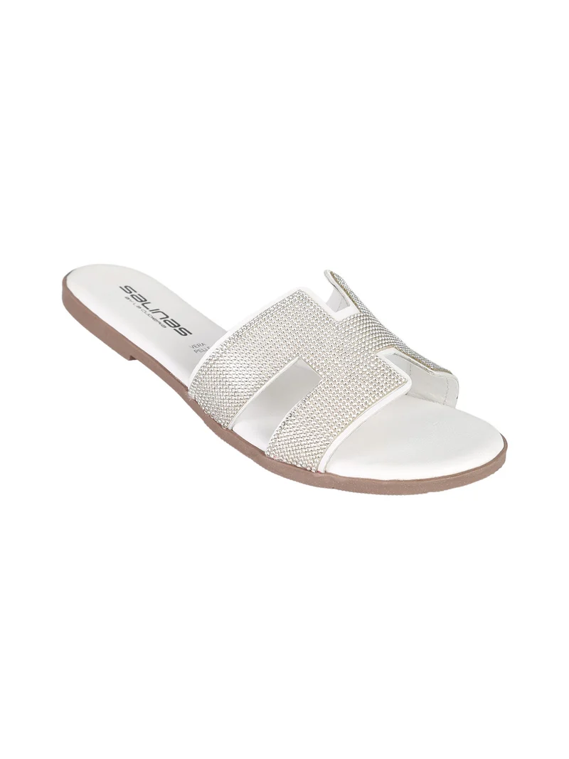 Ciabatte donna in pelle con strass - bianco