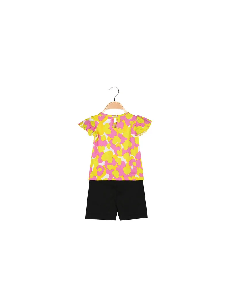Completo corto da neonata 2 pezzi in cotone con maniche a volant e shorts - rosa