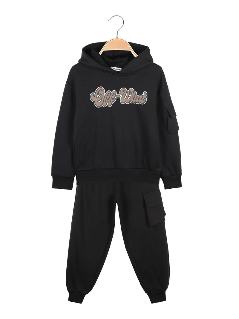 Completo tuta da bambino 2 pezzi con cappuccio e interno felpato - nero