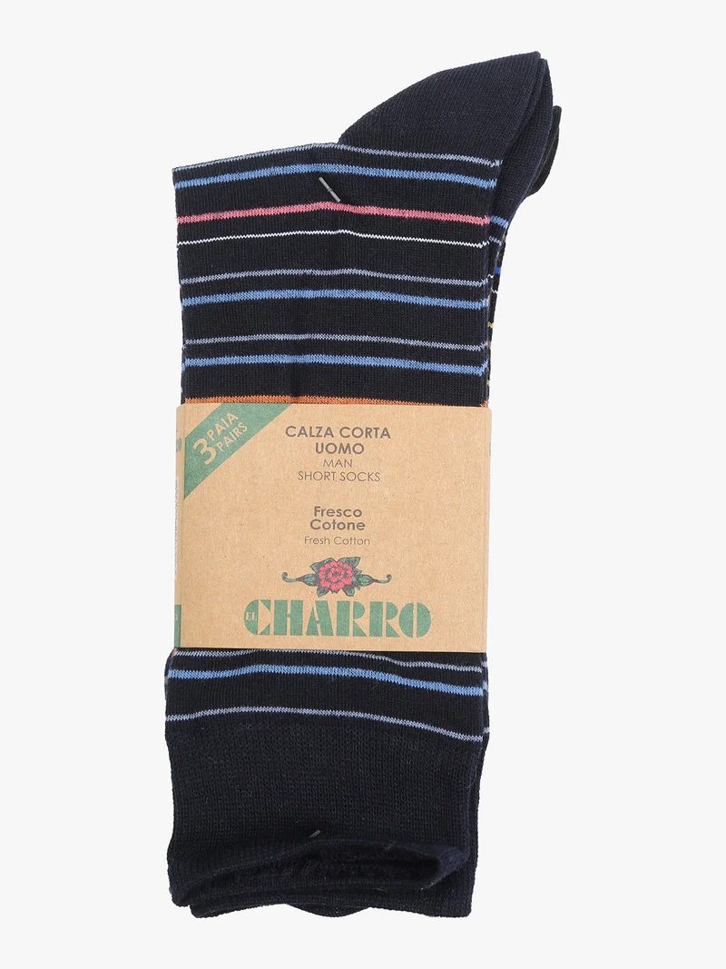 Confezione da 3 paia di calze corte a righe da uomo in cotone - blu scuro