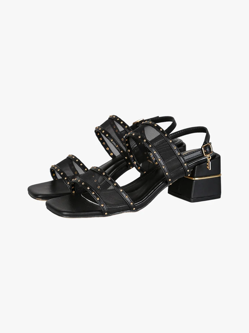 Sandali donna con doppia fascia retata e tacco largo - nero