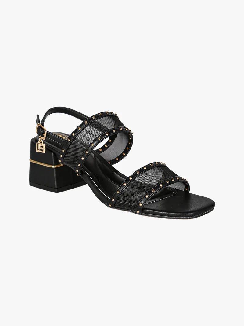Sandali donna con doppia fascia retata e tacco largo - nero