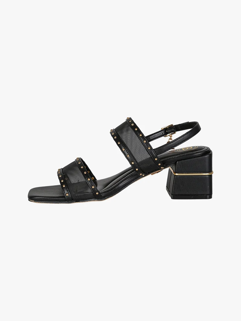 Sandali donna con doppia fascia retata e tacco largo - nero