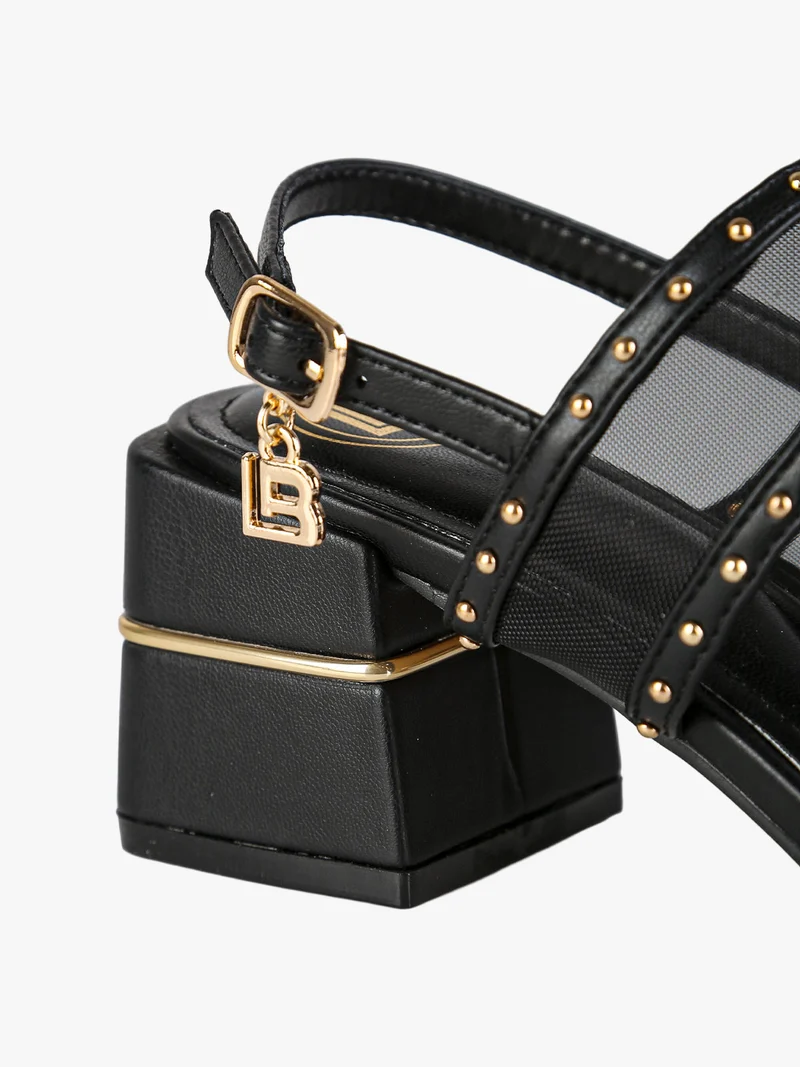 Sandali donna con doppia fascia retata e tacco largo - nero