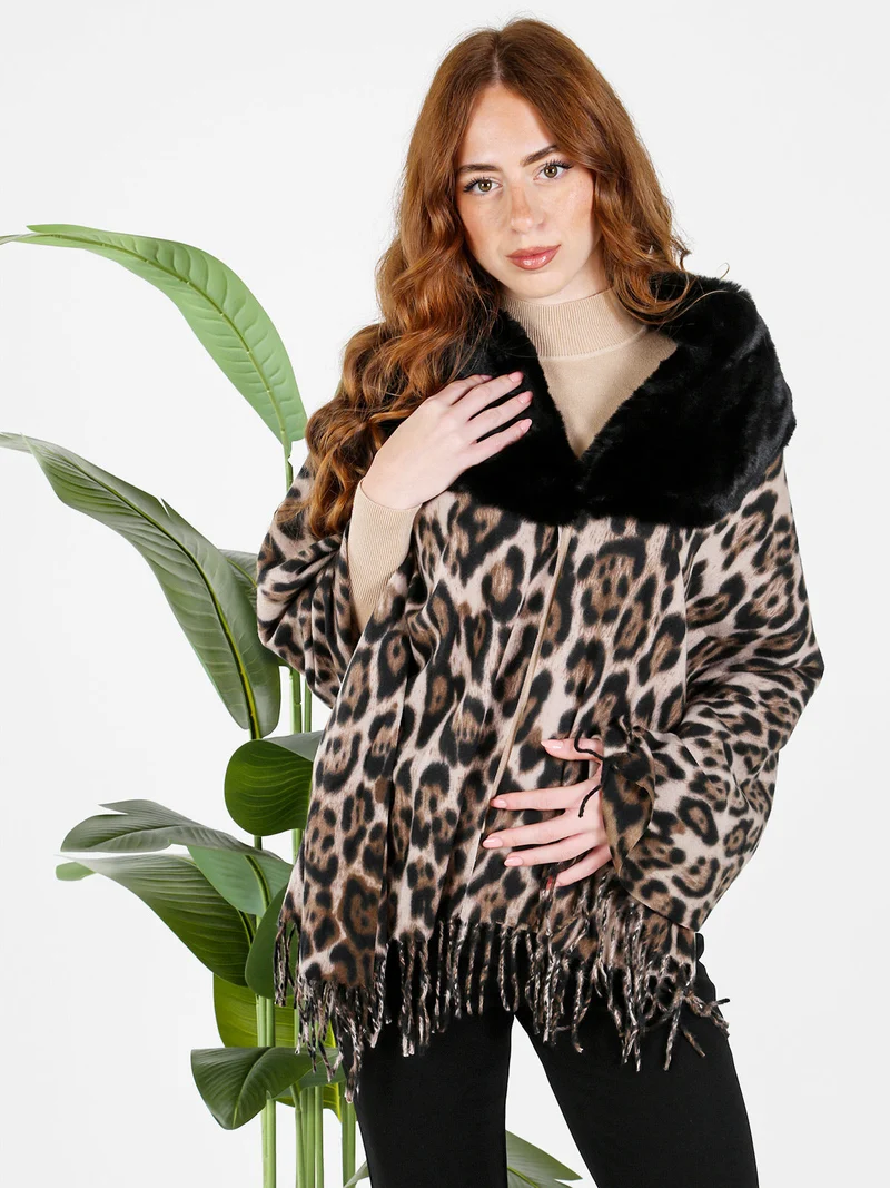 Mantella donna animalier con scollo in ecopelliccia - multicolore