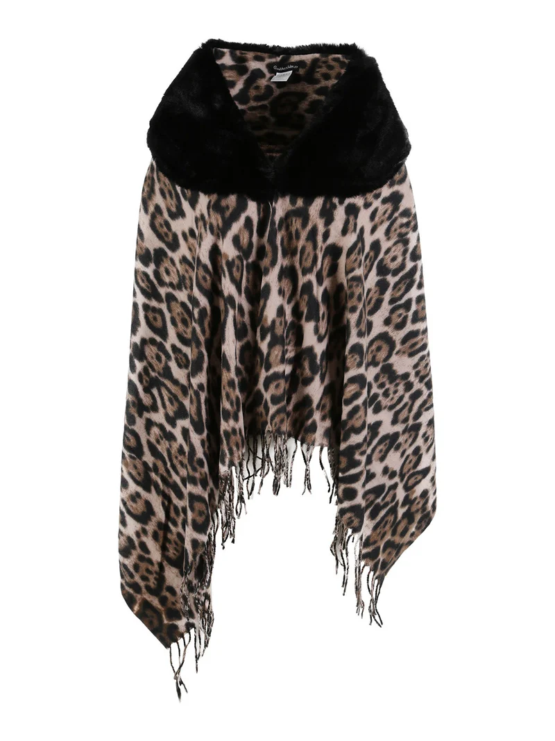 Mantella donna animalier con scollo in ecopelliccia - multicolore