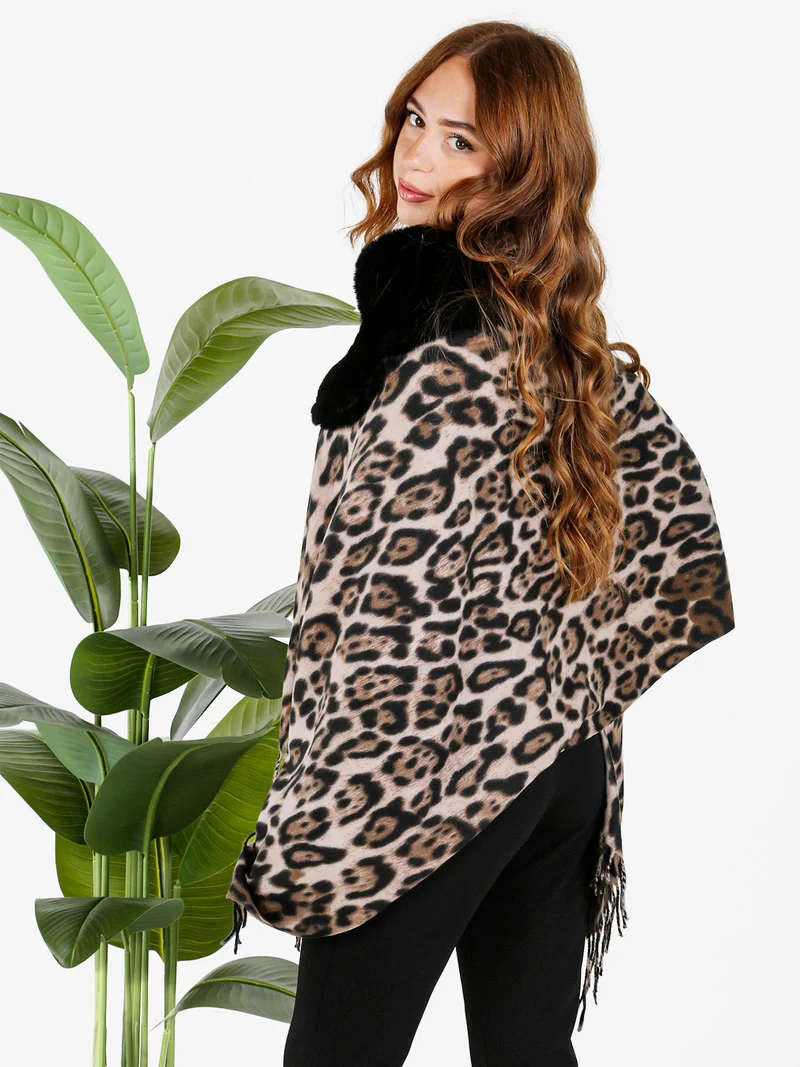 Mantella donna animalier con scollo in ecopelliccia - multicolore
