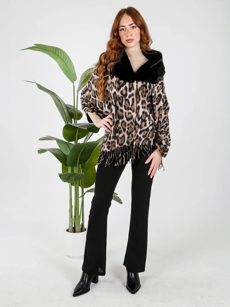 Mantella donna animalier con scollo in ecopelliccia - multicolore