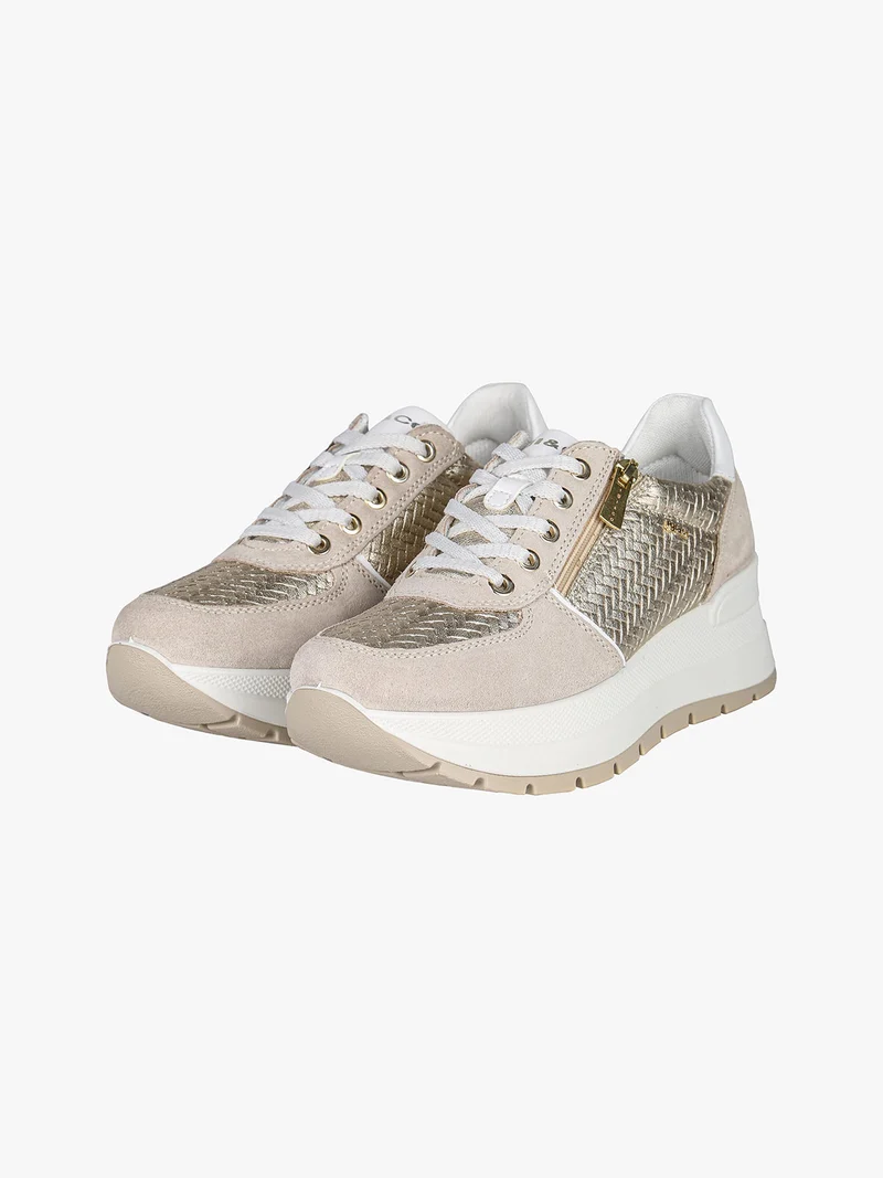 Sneakers donna in pelle con zeppa platform - beige
