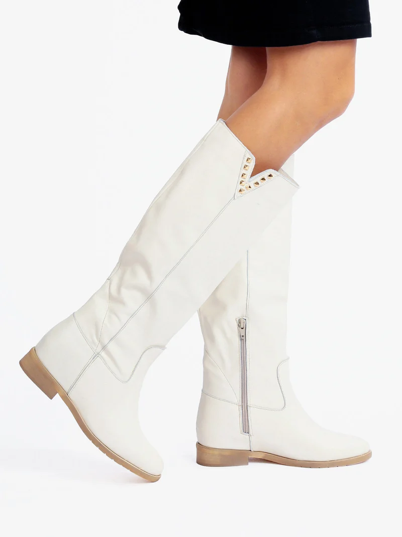 Stivali in pelle donna con borchie - bianco