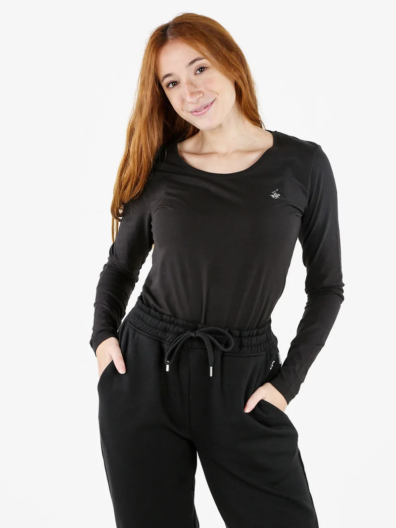 T-shirt girocollo da donna a maniche lunghe in cotone - nero