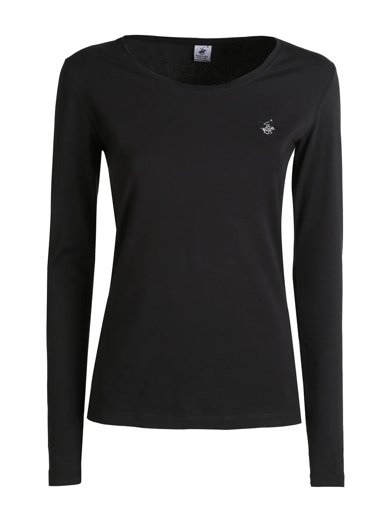 T-shirt girocollo da donna a maniche lunghe in cotone - nero