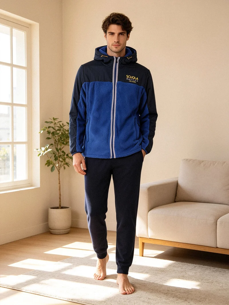 Completo tuta da uomo in pile con cappuccio e zip - blu