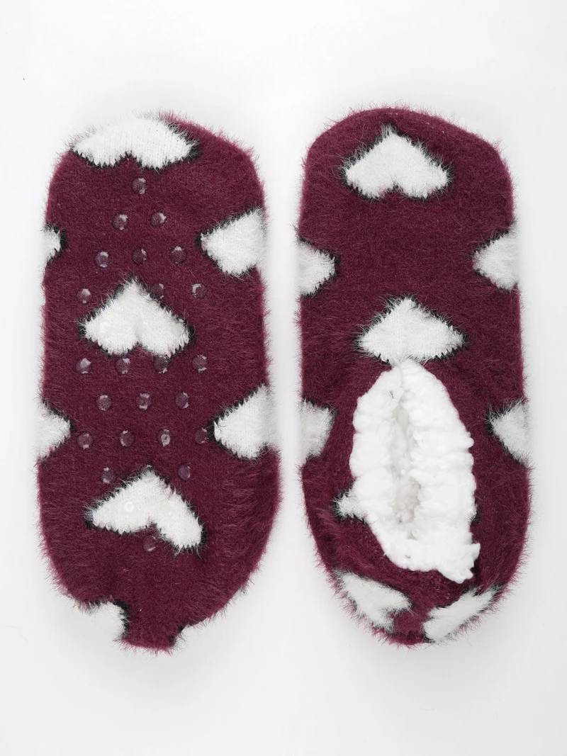 Babbucce antiscivolo da donna con stampa cuori - bordeaux