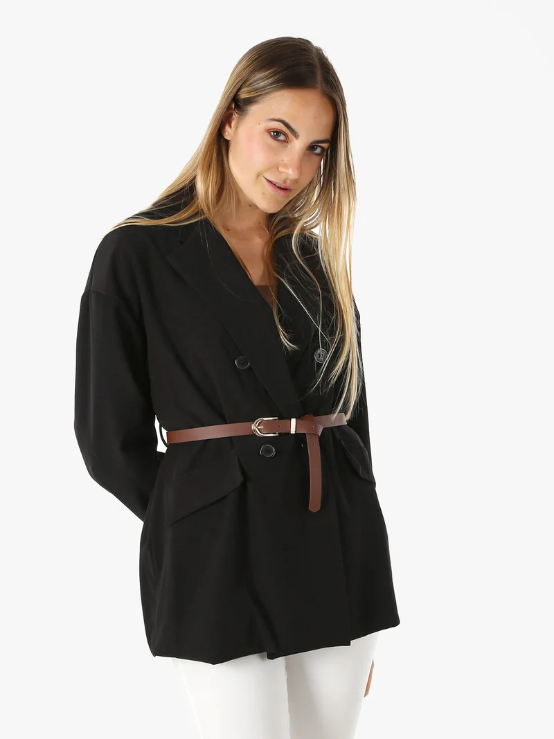 Blazer donna a doppiopetto con cintura in vita - nero