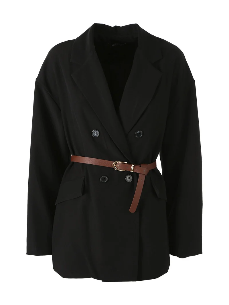Blazer donna a doppiopetto con cintura in vita - nero