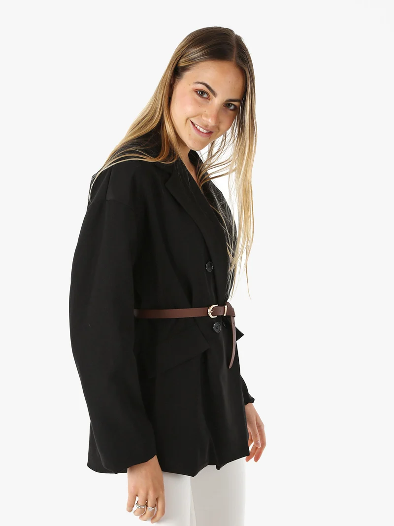 Blazer donna a doppiopetto con cintura in vita - nero