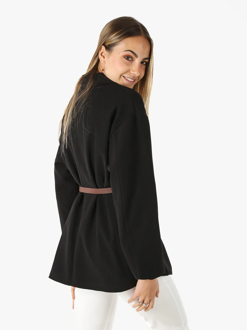 Blazer donna a doppiopetto con cintura in vita - nero