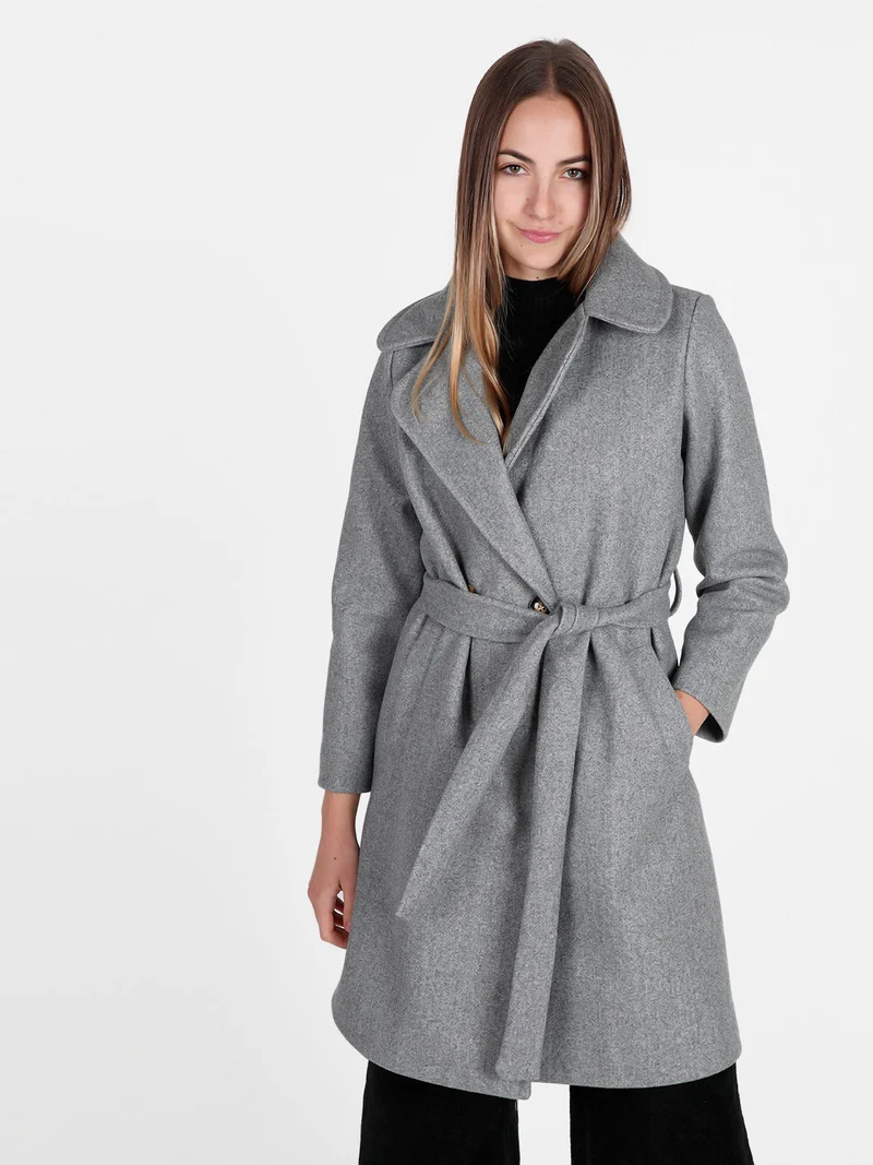 Cappotto donna con cintura e bottoni a doppiopetto - grigio