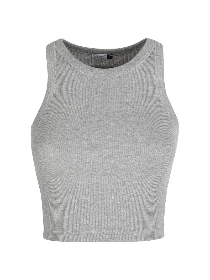 Canotta cropped da donna a costine - grigio