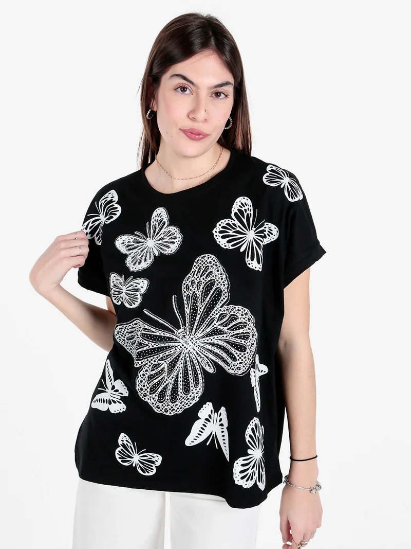 T-shirt donna con stampa farfalle e dettagli strass - nero